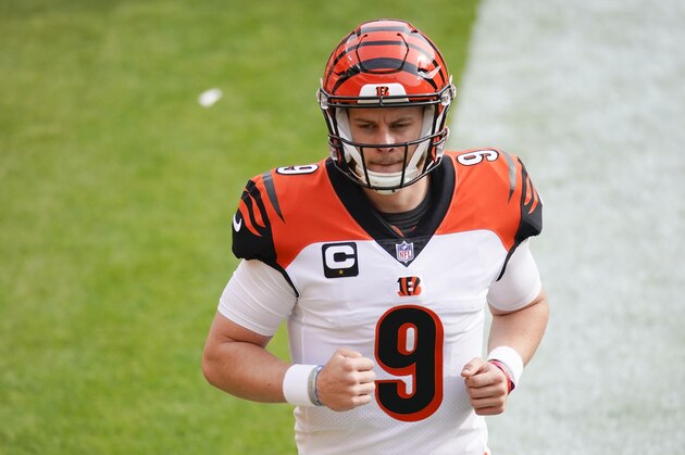 Cincinnati Bengals quarterback Joe Burrow (9) on the field before the start of an NFL football game against the Washington Football Team, Sunday, Nov. 22, 2020, in Landover, Md. (AP Photo/Al Drago)