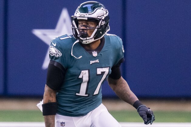 Philadelphia Eagles wide receiver Alshon Jeffery (17) during an NFL football game against the Dallas Cowboys, Sunday, Dec. 27, 2020, in Arlington, Texas. Dallas won 37-17. (AP Photo/Brandon Wade)