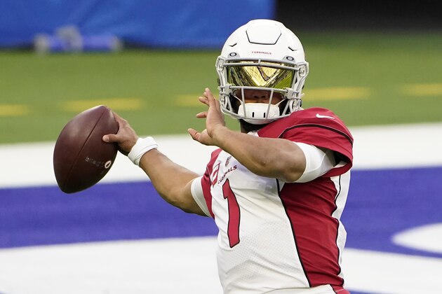 Arizona Cardinals quarterback Kyler Murray (1) warms up before an NFL football game against the Los Angeles Rams in Inglewood, Calif., Sunday, Jan. 3, 2021. (AP Photo/Jae C. Hong)
