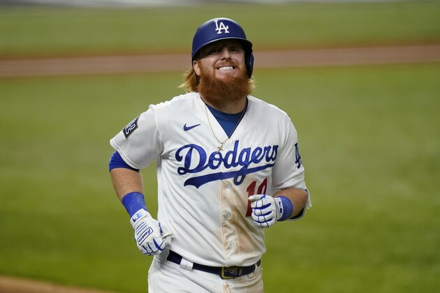 Los Angeles Dodgers third baseman Justin Turner after his fly out in the sixth inning against the Tampa Bay Rays in Game 6 Tuesday, Oct. 27, 2020, in Arlington, Texas.(AP Photo/Eric Gay)