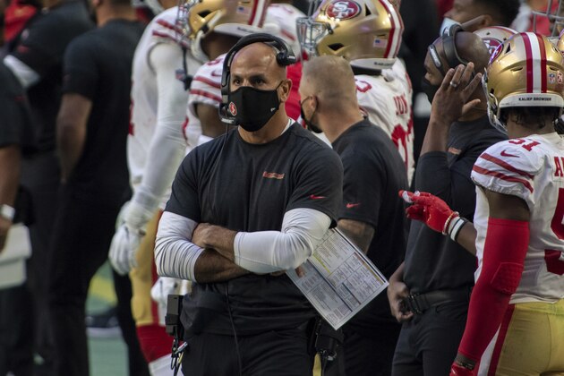 San Francisco 49ers defensive coordinator Robert Saleh looks on during an NFL football game against the Seattle Seahawks, Sunday, Jan. 3, 2021, in Glendale, Ariz. (AP Photo/Jennifer Stewart)