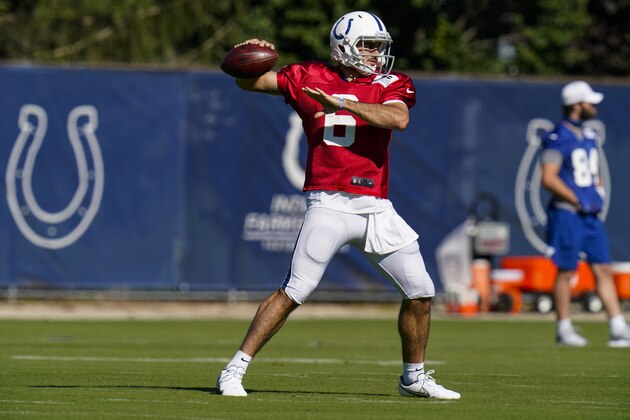 Indianapolis Colts quarterback Chad Kelly (6) throws during practice at the NFL team's football training camp in Indianapolis, Wednesday, Aug. 19, 2020. (AP Photo/Michael Conroy)