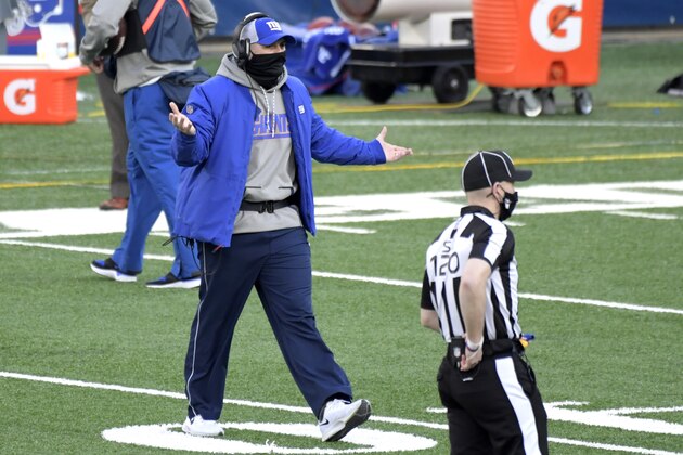 New York Giants head coach Joe Judge reacts during the first half of an NFL football game against the Arizona Cardinals, Sunday, Dec. 13, 2020, in East Rutherford, N.J. (AP Photo/Bill Kostroun)