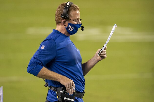New York Giants offensive coordinator Jason Garrett looks on during the NFL football game, Thursday, Oct. 22, 2020, in Philadelphia. (AP Photo/Chris Szagola)