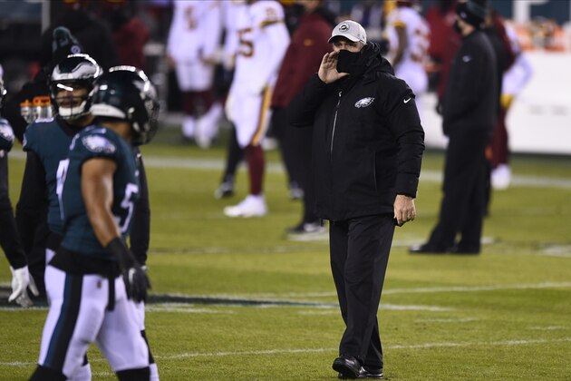Philadelphia Eagles' Doug Pederson walks the field before an NFL football game against the Washington Football Team, Sunday, Jan. 3, 2021, in Philadelphia. (AP Photo/Derik Hamilton)