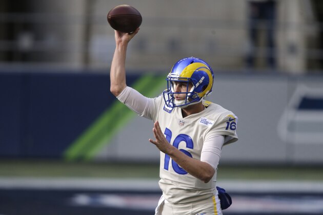 Los Angeles Rams quarterback Jared Goff (16) passes against the Seattle Seahawks during the first half of an NFL football game, Sunday, Dec. 27, 2020, in Seattle. (AP Photo/Scott Eklund)