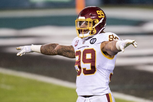 Washington Football Team defensive end Chase Young (99) reacts during the NFL football game against the Philadelphia Eagles, Sunday, Jan. 3, 2021, in Philadelphia. (AP Photo/Chris Szagola)