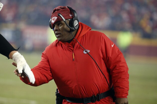 Kansas City Chiefs offensive coordinator Eric Bieniemy during the second half of the AFC Championship NFL football game, Sunday, Jan. 20, 2019, in Kansas City, Mo. (AP Photo/Charlie Riedel)