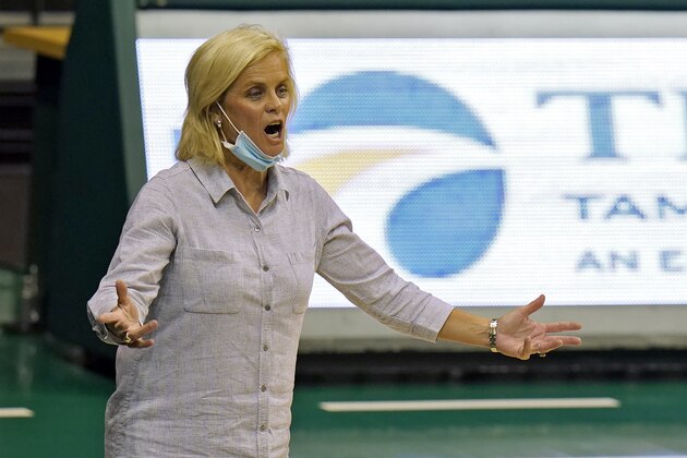 Baylor head coach Kim Mulkey gestures to her team during the first half of an NCAA women's college basketball game against the South Florida Tuesday, Dec. 1, 2020, in Tampa, Fla. (AP Photo/Chris O'Meara)
