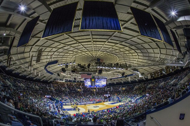Fans fill the University of Notre Dame's Purcell Pavilion at the Joyce Center for Notre Dame's 89-75 win against North Carolina State in an NCAA college basketball game Saturday, March 5, 2016, in South Bend, Ind. (AP Photo/Robert Franklin)