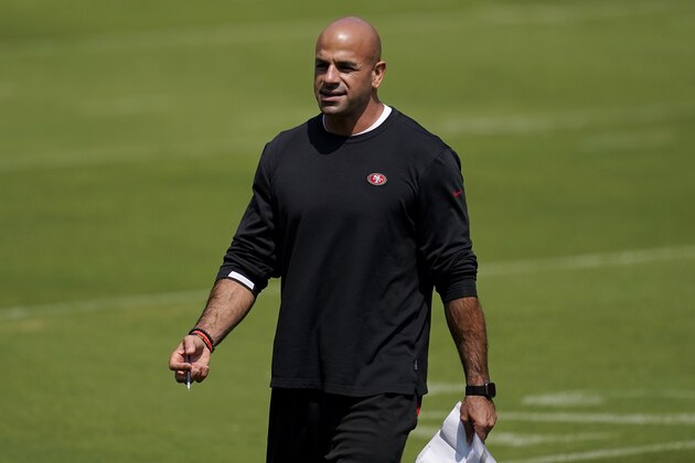 San Francisco 49ers defensive coordinator Robert Saleh watches during NFL football practice in Santa Clara, Calif., Wednesday, Sept. 2, 2020. (AP Photo/Jeff Chiu, Pool)