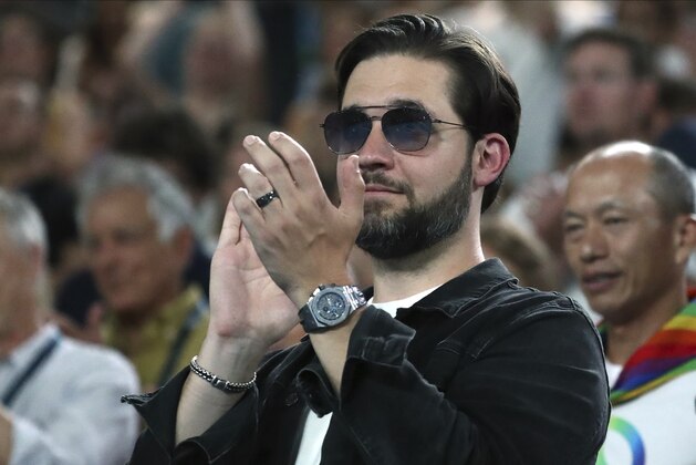 Serena Williams' husband Alexis Ohanian reacts following her second round singles win over Slovenia's Tamara Zidansek at the Australian Open tennis championship in Melbourne, Australia, Wednesday, Jan. 22, 2020. (AP Photo/Dita Alangkara)