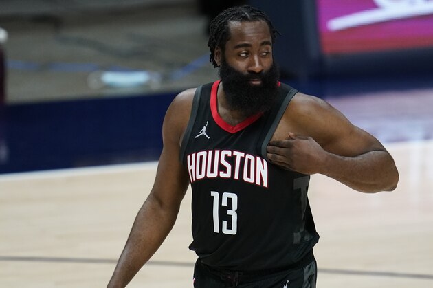 Houston Rockets guard James Harden (13) in the first half of an NBA basketball game Monday, Dec. 28, 2020, in Denver. (AP Photo/David Zalubowski)