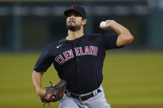 Cleveland Indians relief pitcher Brad Hand throws against the Detroit Tigers in the ninth inning of a baseball game in Detroit, Saturday, Aug. 15, 2020. Cleveland won 3-1. (AP Photo/Paul Sancya)