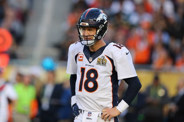 Denver Broncos QB Peyton Manning #18 is seen against the Carolina Panthers during the NFL Super Bowl 50 football game Sunday, Feb. 7, 2016, in Santa Clara, Calif.  (AP Photo/Gregory Payan)