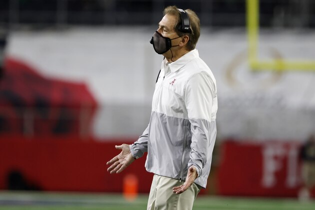 Alabama head coach Nick Saban gestures as he watches play against Notre Dame in the first half of the Rose Bowl NCAA college football game in Arlington, Texas, Friday, Jan. 1, 2021. (AP Photo/Michael Ainsworth)