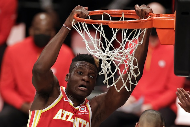 Atlanta Hawks center Clint Capela (15) in action during an NBA basketball game against the Brooklyn Nets, Friday, Jan. 1, 2021, in New York. The Hawks won 114-96. (AP Photo/Adam Hunger)