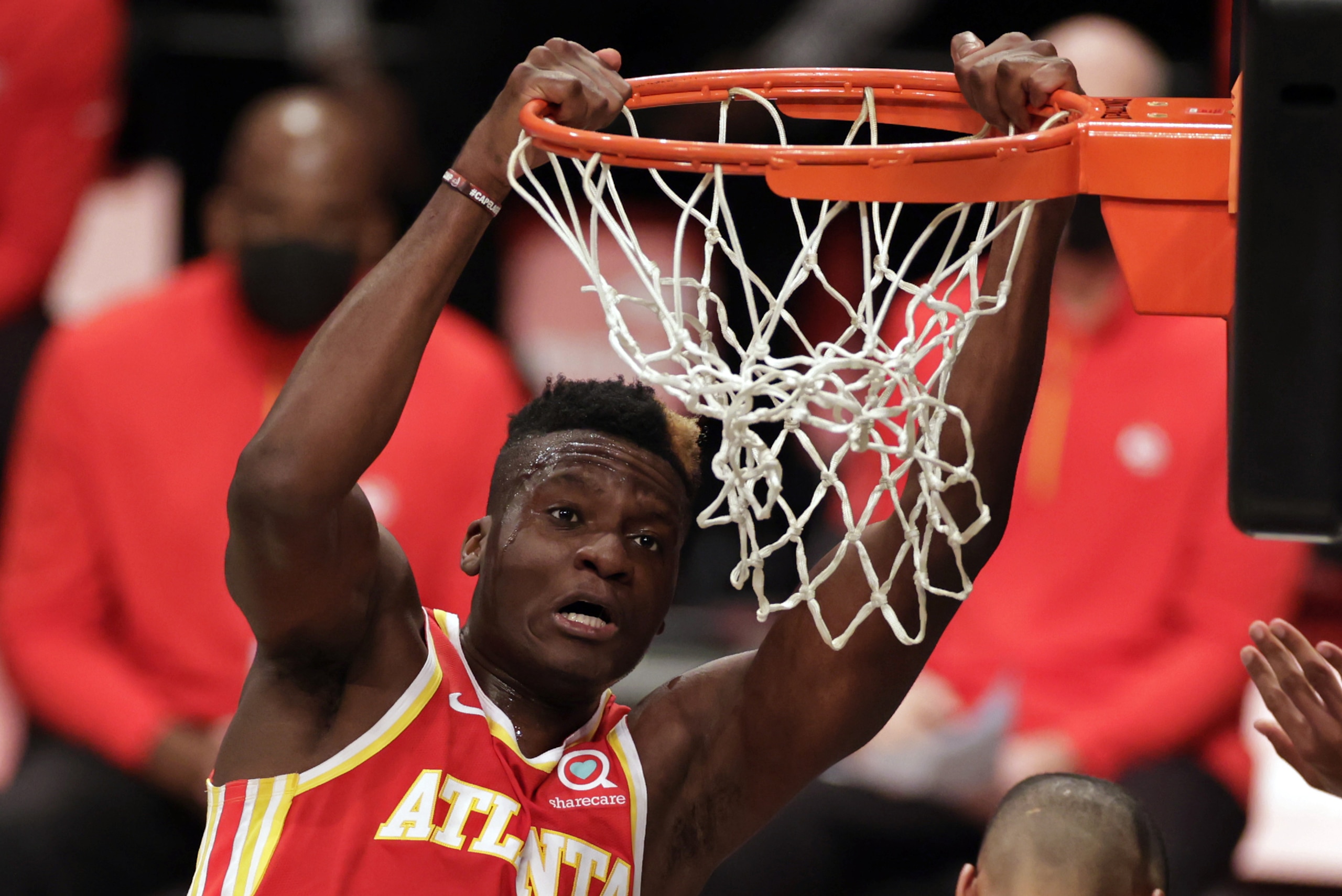 Atlanta Hawks center Clint Capela (15) in action during an NBA basketball game against the Brooklyn Nets, Friday, Jan. 1, 2021, in New York. The Hawks won 114-96. (AP Photo/Adam Hunger)