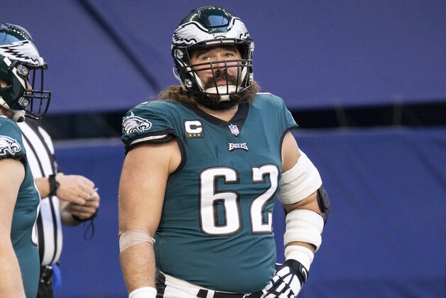 Philadelphia Eagles center Jason Kelce (62) warms up before an NFL football game against the Dallas Cowboys, Sunday, Dec. 27, 2020, in Arlington, Texas. (AP Photo/Brandon Wade)