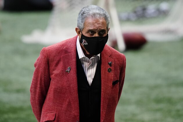 Atlanta Falcons owner Arthur Blank watches play during the second half of an NFL football game between the Atlanta Falcons and the Denver Broncos, Sunday, Nov. 8, 2020, in Atlanta. (AP Photo/Brynn Anderson)