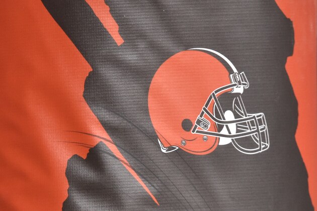 A general view of the Cleveland Browns helmet logo on the padding of a goal post before an NFL football game between the Cleveland Browns and the Baltimore Ravens, Monday, Dec. 14, 2020, in Cleveland. The Ravens won 47-42. (AP Photo/David Richard)