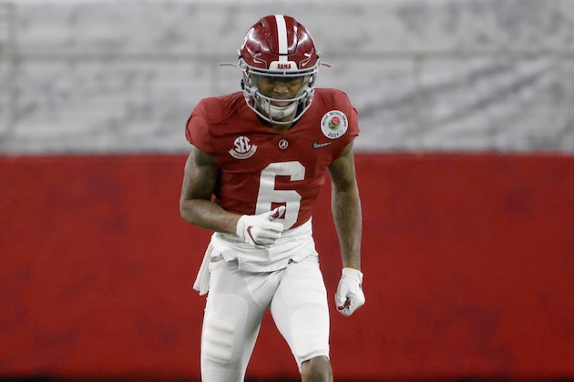 Alabama wide receiver DeVonta Smith (6) looks on against Notre Dame during the Rose Bowl NCAA college football game in Arlington, Texas, Friday, Jan. 1, 2021. (AP Photo/Ron Jenkins)