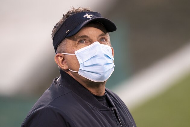 New Orleans Saints head coach Sean Payton looks on prior to the NFL football game against the Philadelphia Eagles, Sunday, Dec. 13, 2020, in Philadelphia. (AP Photo/Chris Szagola)