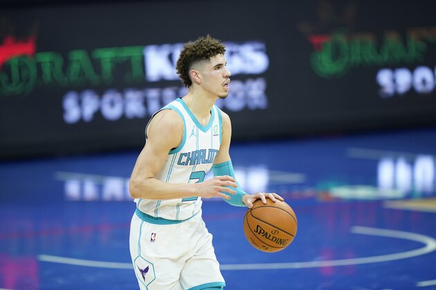 Charlotte Hornets' LaMelo Ball plays during an NBA basketball game against the Philadelphia 76ers, Monday, Jan. 4, 2021, in Philadelphia. (AP Photo/Matt Slocum)