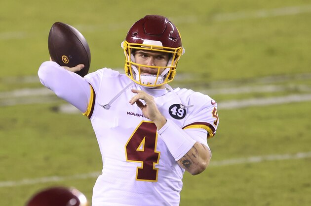 Washington Football Team's Taylor Heinicke (4) in action against the Philadelphia Eagles during an NFL football game, Sunday, Jan. 3, 2021, in Philadelphia. Washington defeated the Eagles 20-14. (AP Photo/Rich Schultz)