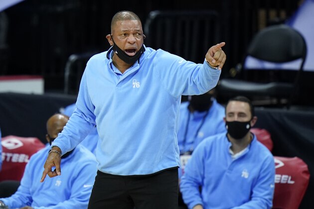 Philadelphia 76ers' Doc Rivers coaches during the second half of an NBA basketball game against the Charlotte Hornets, Monday, Jan. 4, 2021, in Philadelphia. (AP Photo/Matt Slocum)
