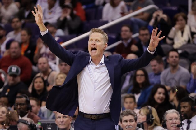 Golden State Warriors head coach Steve Kerr reacts during the second half of an NBA basketball game against the Phoenix Suns, Wednesday, Feb. 12, 2020, in Phoenix. The Suns won 112-106. (AP Photo/Matt York)