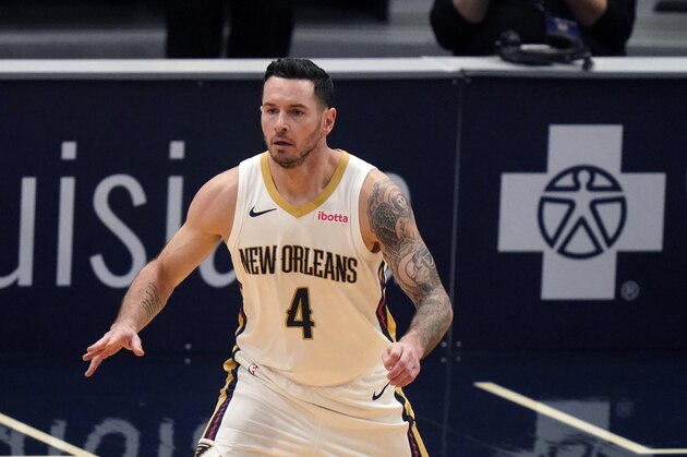 New Orleans Pelicans guard JJ Redick (4) sets up on defense in the second half of an NBA basketball game against the Indiana Pacers in New Orleans, Monday, Jan. 4, 2021. (AP Photo/Gerald Herbert)