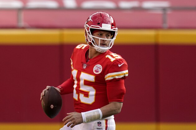 Kansas City Chiefs quarterback Patrick Mahomes looks to pass during the second half of an NFL football game against the Atlanta Falcons Sunday, Dec. 27, 2020, in Kansas City, Mo. (AP Photo/Charlie Riedel)