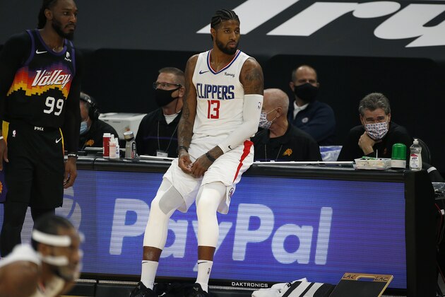 Los Angeles Clippers forward Paul George (13) during the first half of an NBA basketball game against the Phoenix Suns on Sunday, Jan. 3, 2021, in Phoenix. (AP Photo/Ralph Freso)