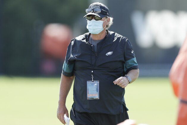 Philadelphia Eagles Senior Offensive Consultant Marty Mornhinweg walks the training camp fields during an NFL football training camp practice in Philadelphia, Monday, Aug. 17, 2020. (Yong Kim/Pool Photo via AP)