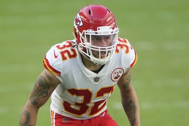 Kansas City Chiefs strong safety Tyrann Mathieu (32) waits for a play, during the second half of an NFL football game against the Miami Dolphins, Sunday, Dec. 13, 2020, in Miami Gardens, Fla. (AP Photo/Wilfredo Lee)