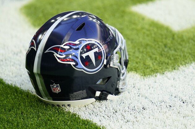 A Tennessee Titans helmet sits on the field during pregame warmups before an NFL football game against the Houston Texans, Sunday, Jan. 3, 2021, in Houston. (AP Photo/Matt Patterson)