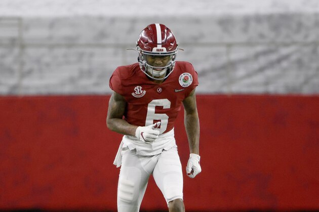 Alabama wide receiver DeVonta Smith (6) looks on against Notre Dame during the Rose Bowl NCAA college football game in Arlington, Texas, Friday, Jan. 1, 2021. (AP Photo/Ron Jenkins)