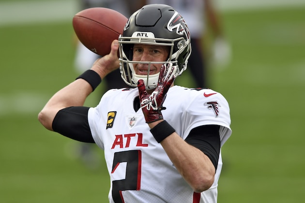Atlanta Falcons quarterback Matt Ryan (2) throws a pass before an NFL football game against the Tampa Bay Buccaneers Sunday, Jan. 3, 2021, in Tampa, Fla. (AP Photo/Jason Behnken)