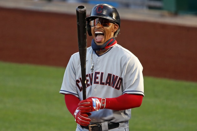 Cleveland Indians' Francisco Lindor steps into the batter's box during the first inning of a baseball game against the Pittsburgh Pirates in Pittsburgh, Thursday, Aug. 20, 2020. (AP Photo/Gene J. Puskar)