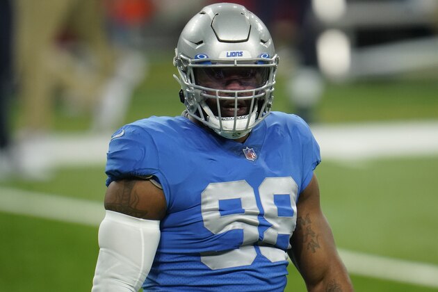 Detroit Lions defensive end Everson Griffen (98) plays against the Houston Texans during the first half of an NFL football game, Thursday, Nov. 26, 2020, in Detroit. (AP Photo/Paul Sancya)
