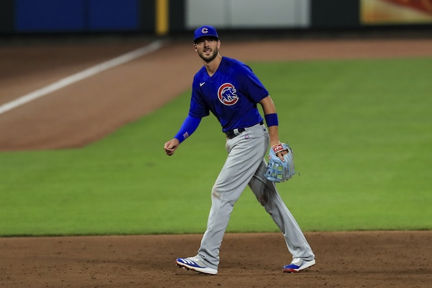 Chicago Cubs' Kris Bryant (17) during a baseball game against the Cincinnati Reds in Cincinnati, Wednesday, July 29, 2020. The Reds won 12-7. (AP Photo/Aaron Doster)