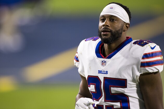 Buffalo Bills running back Taiwan Jones (25) leaves the field after an NFL football game against the Tennessee Titans, Tuesday, Oct. 13, 2020, in Nashville, Tenn. (AP Photo/Brett Carlsen)
