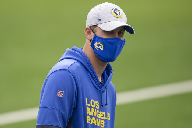 Los Angeles Rams quarterback Jared Goff (16) is seen on the bench during an NFL football game against the Arizona Cardinals Sunday, Jan. 3, 2021, in Inglewood, Calif. (AP Photo/Kyusung Gong)