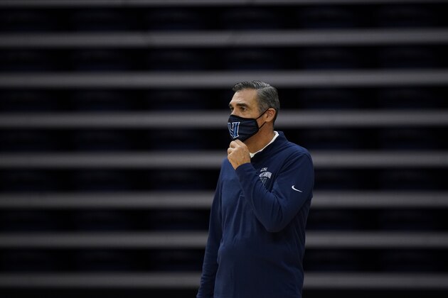 Villanova's Jay Wright coaches during an NCAA college basketball game against Butler, Wednesday, Dec. 16, 2020, in Villanova, Pa. (AP Photo/Matt Slocum)