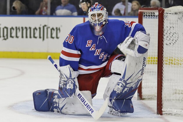 FILE - New York Rangers' Henrik Lundqvist reacts after a save during the third period of an NHL hockey game against the Philadelphia Flyers in New York, in this Sunday, March 1, 2020, file photo. The Flyers defeated the Rangers 5-3. Star goalie Henrik Lundqvist will sit out the upcoming NHL season because of a heart condition, announcing the news a little more than two months after joining the Washington Capitals. Lundqvist posted a written statement and a videotaped one on social media Thursday, Dec. 17, 2020, saying it was a