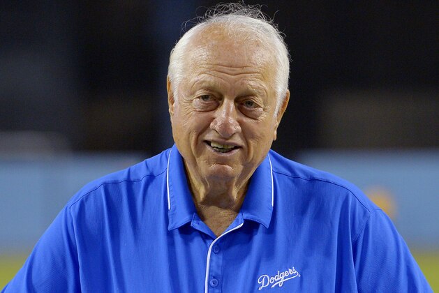 FILE - In this Sept. 22, 2015, file photo, former Los Angeles Dodgers manager Tommy Lasorda poses prior to a baseball game against the Arizona Diamondbacks, in Los Angeles. Hall of Fame manager Tom Lasorda is recovering after surgery to replace his pacemaker. The Dodgers said Friday, May 26, 2017, on Twitter that Lasorda