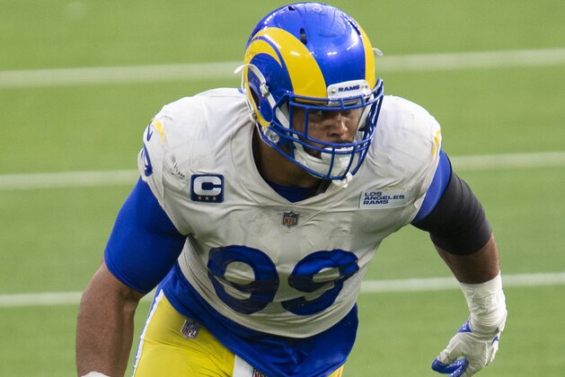 Los Angeles Rams defensive tackle Aaron Donald (99) during an NFL football game against the New York Jets Sunday, Dec. 20, 2020, in Inglewood, Calif. (AP Photo/Kyusung Gong)