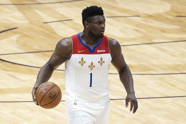 New Orleans Pelicans forward Zion Williamson (1) against the Charlotte Hornets in the third quarter of an NBA basketball game in New Orleans, Friday, Jan. 8, 2021. (AP Photo/Derick Hingle)