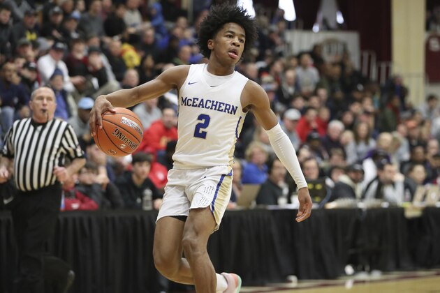 McEachern's Sharife Cooper #2 in action against Rancho Christian during a high school basketball game at the Hoophall Classic, Monday, January 21, 2019, in Springfield, MA. (AP Photo/Gregory Payan)